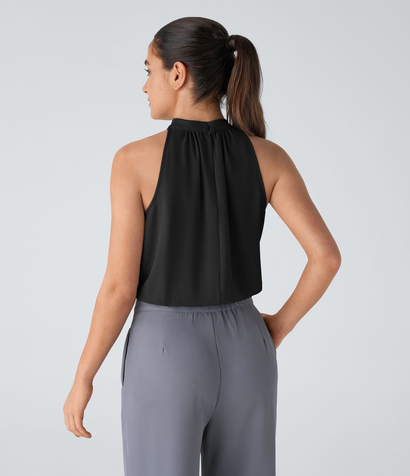 Body Travail sans Manches à Encolure Halter Dos avec Trou de Serrure et Plissé