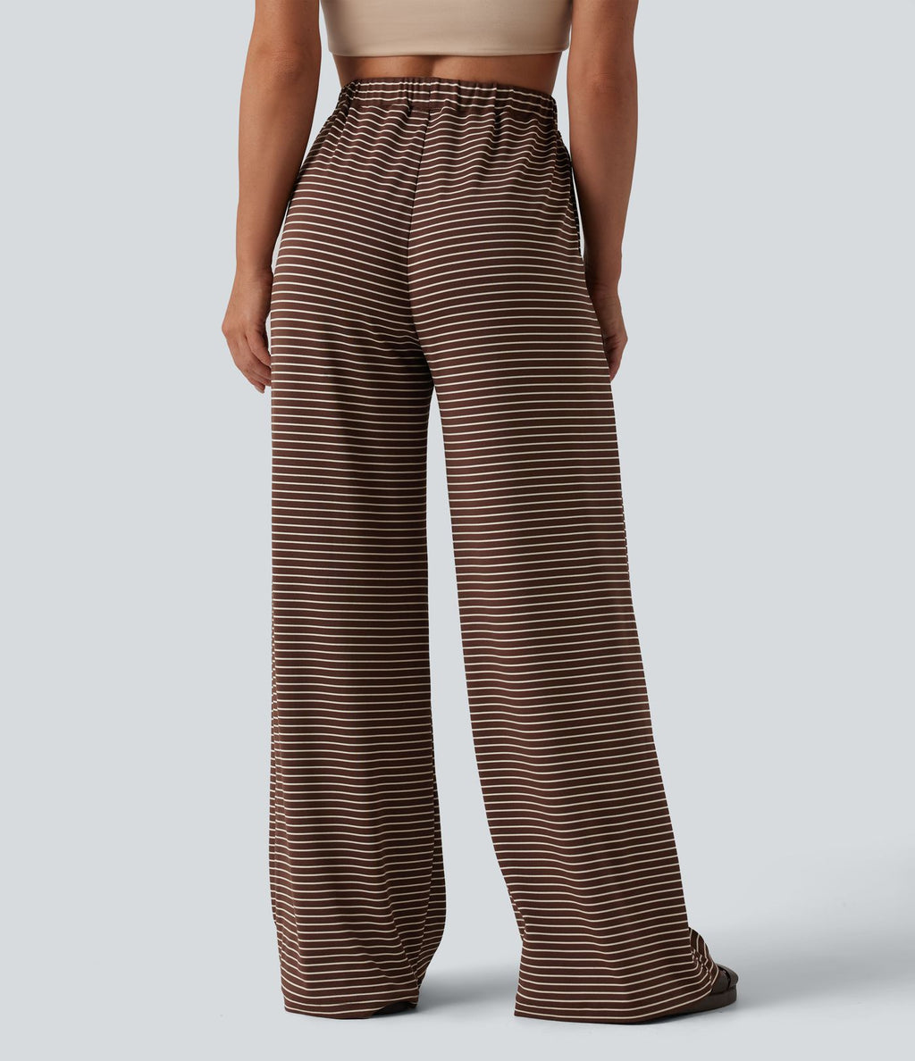 Pantalon large décontracté à rayures et taille haute avec cordon de serrage et poches