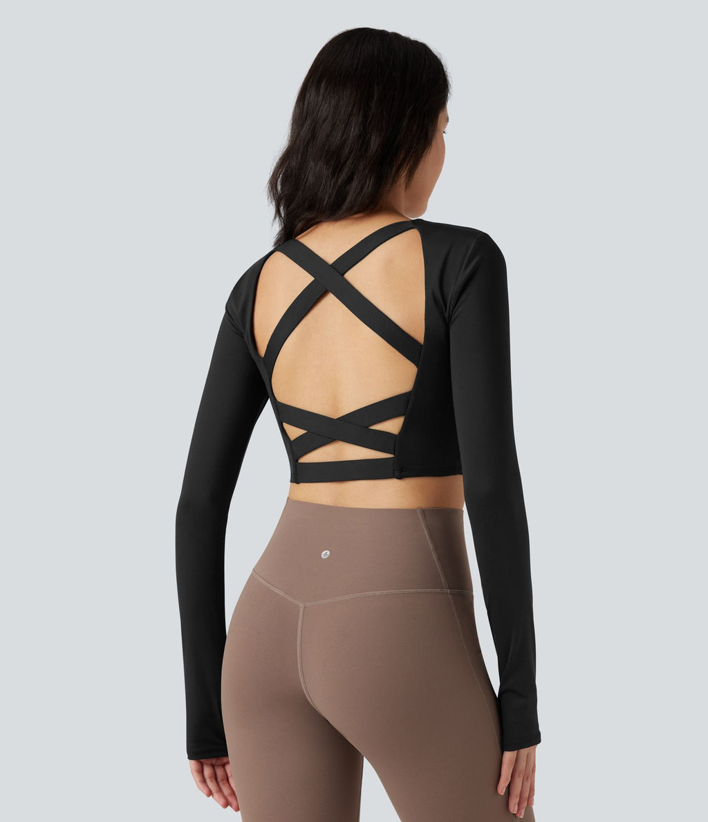 Haut de sport yoga court SoftlyZero™ Airy dos nu croisé col carré effet frais InstantCool manches longues avec passe-pouces, protection solaire UPF50+