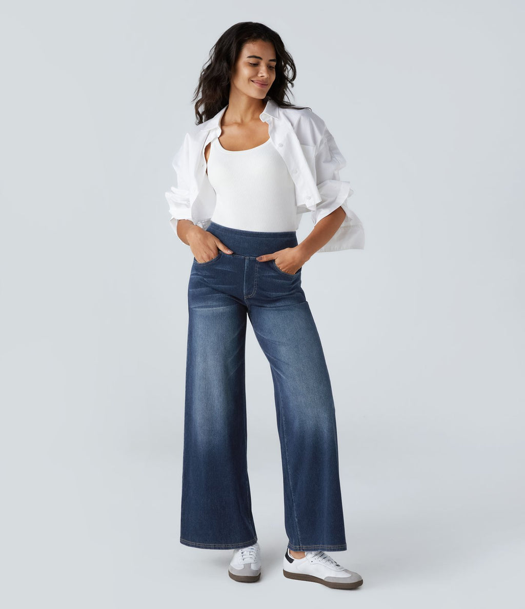 Halara Flex™ Jean Large Casual Taille Haute Poches Multiples Tricot Extensible Délavé
