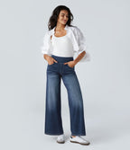 Halara Flex™ Jean Large Casual Taille Haute Poches Multiples Tricot Extensible Délavé