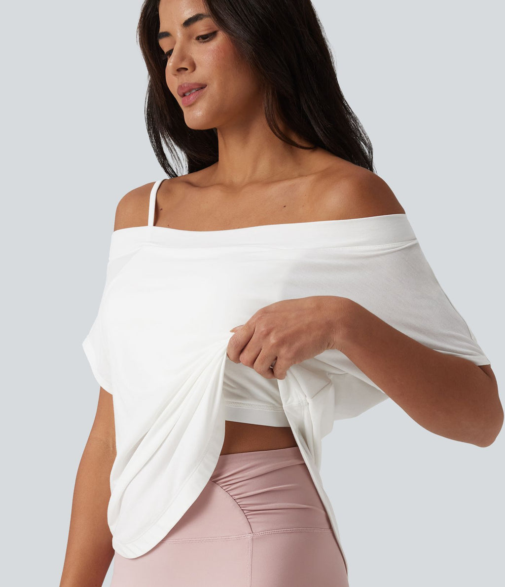 Top de yoga à une épaule, manches courtes, ourlet asymétrique et soutien-gorge intégré à séchage rapide