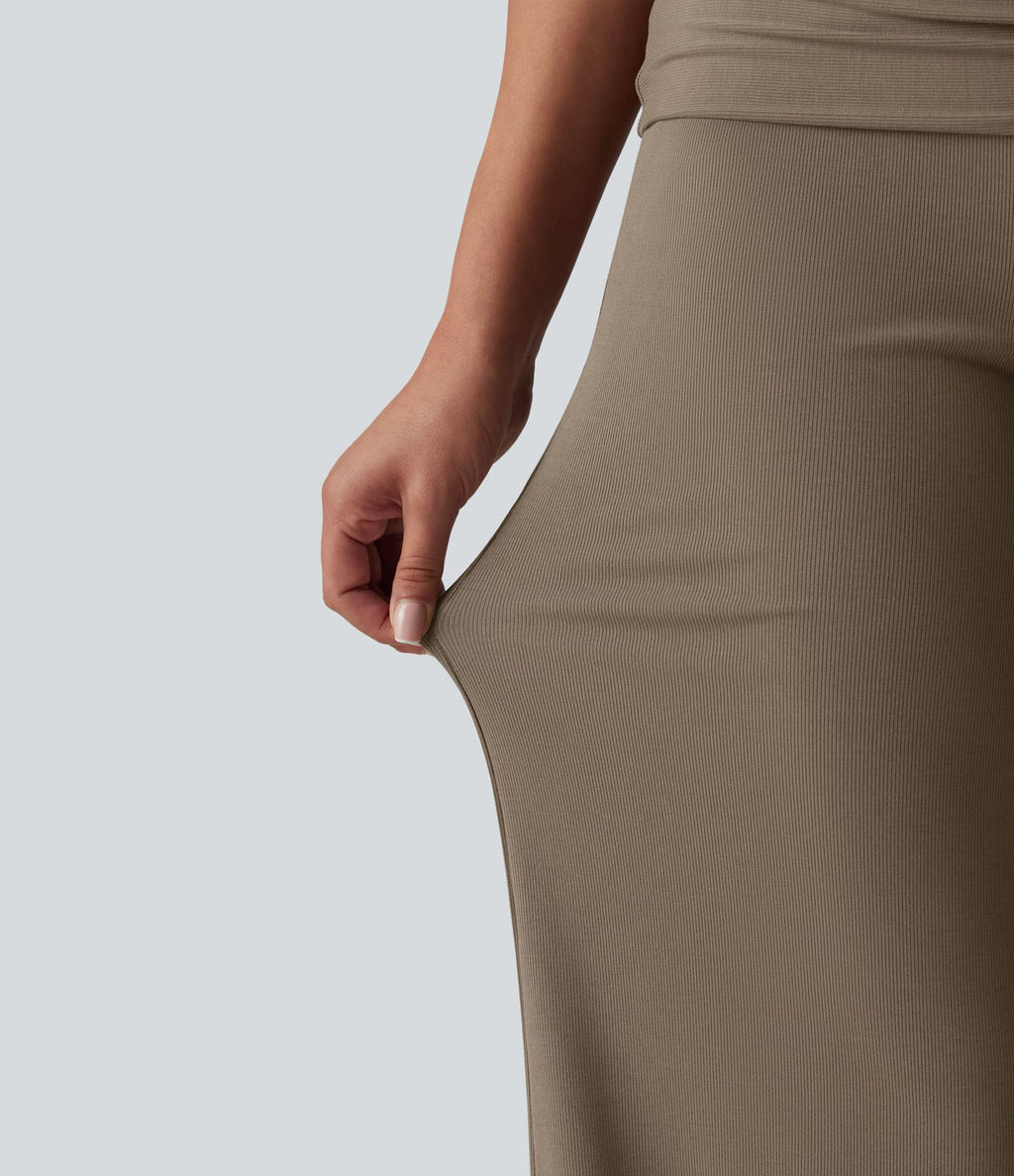 Pantalon ample décontracté en maille côtelée taille très haute rabattable avec poches