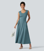 Robe longue casual fluide col U sans manches avec poches