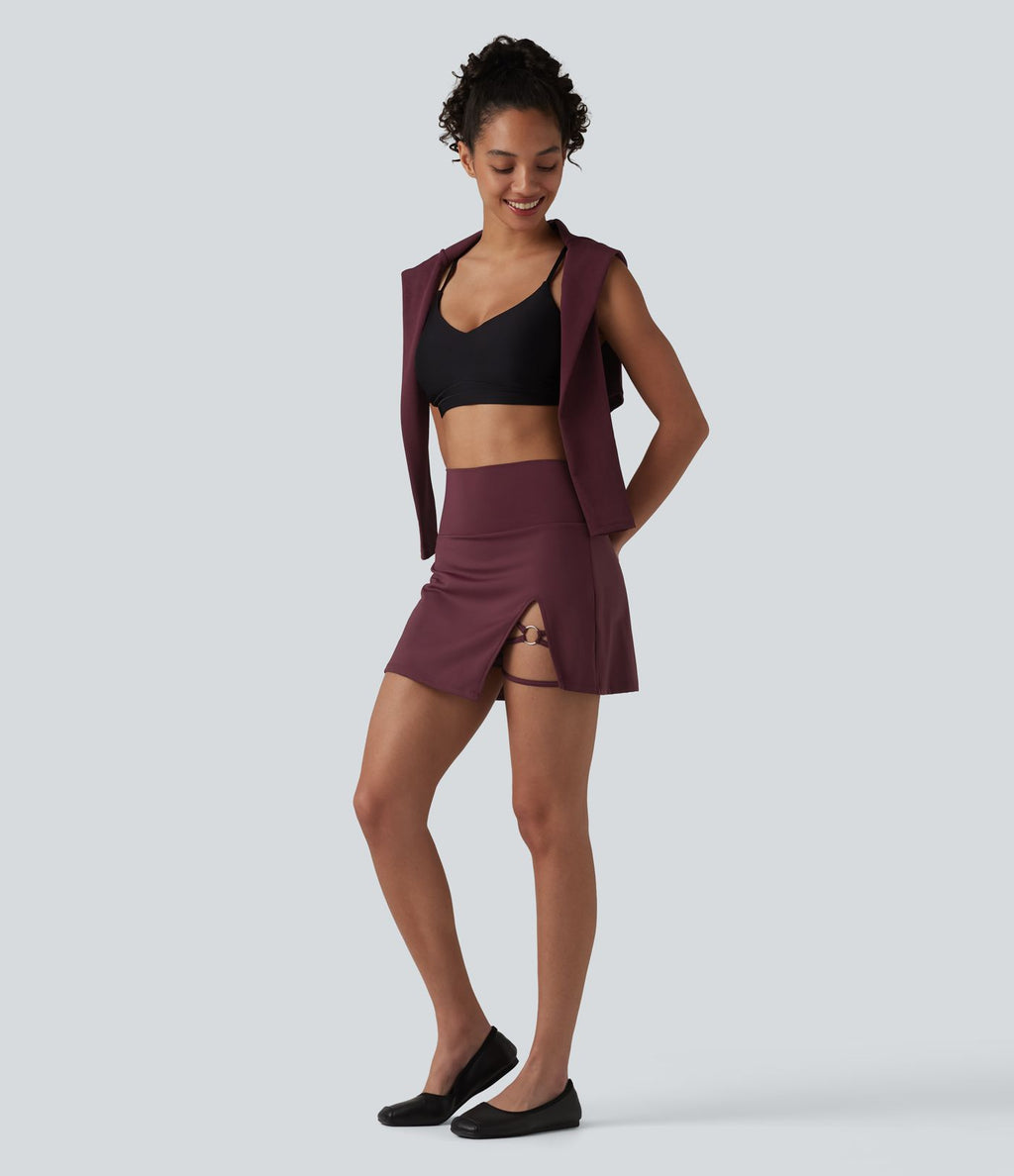 Jupe mini de danse 2-en-1 taille haute à ourlet asymétrique, coupe évasée avec poches
