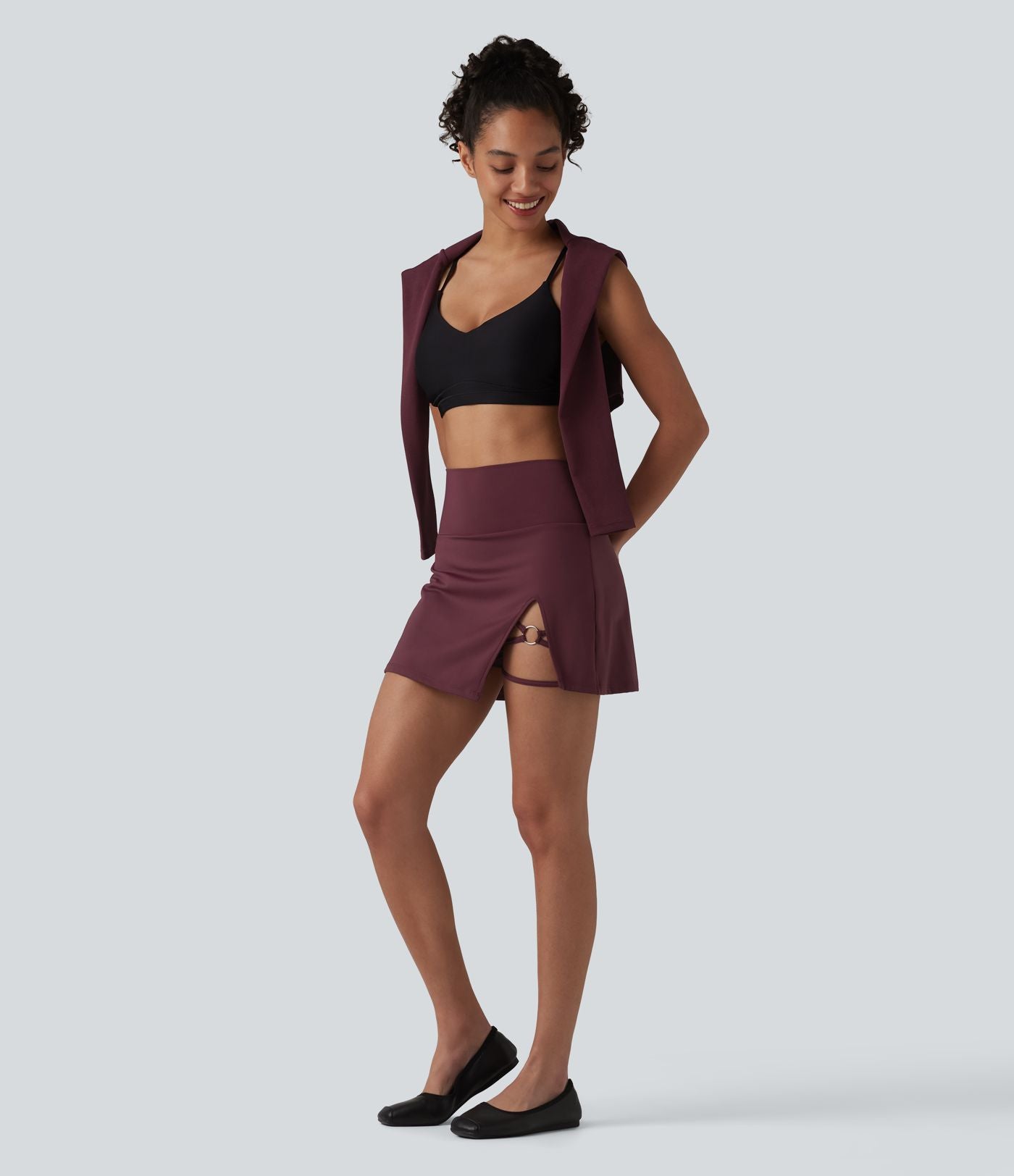 Jupe mini de danse 2-en-1 taille haute à ourlet asymétrique, coupe évasée avec poches
