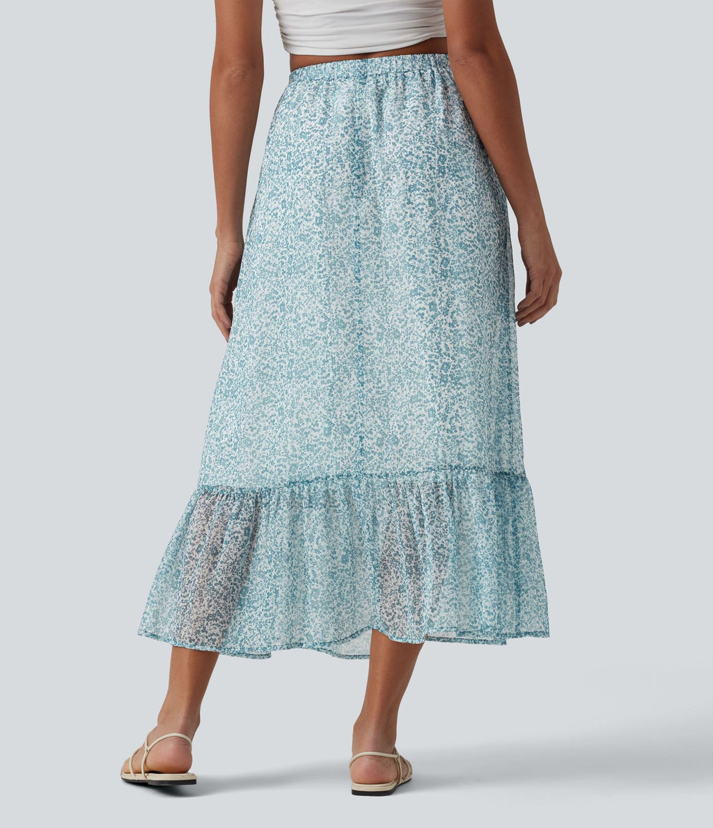Jupe mi-longue fluide casual imprimé floral taille haute avec poches