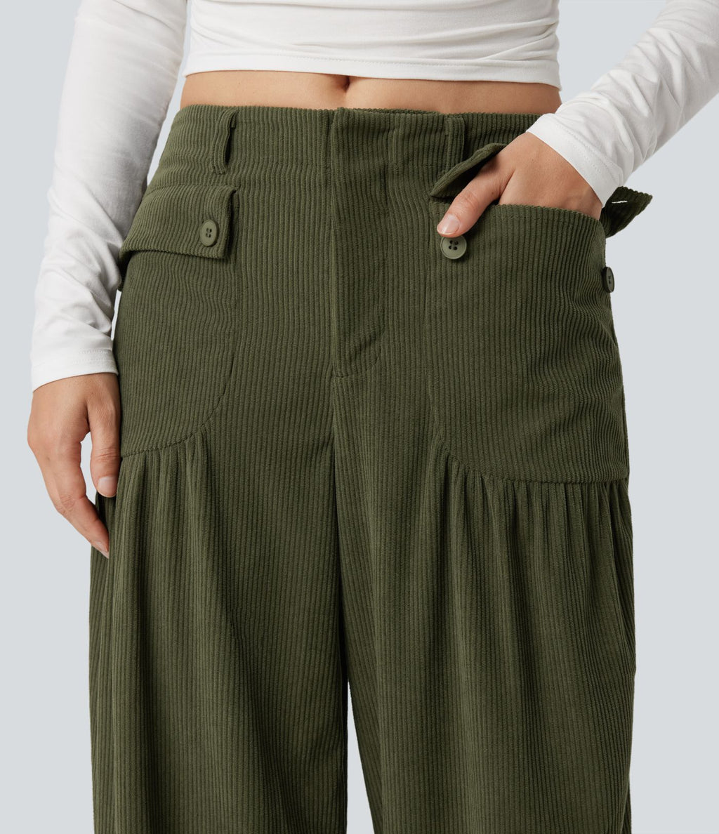 Pantalon décontracté large taille mi-haute en velours côtelé avec poches