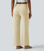 Pantalon taille haute coupe droite effet lin avec poches
