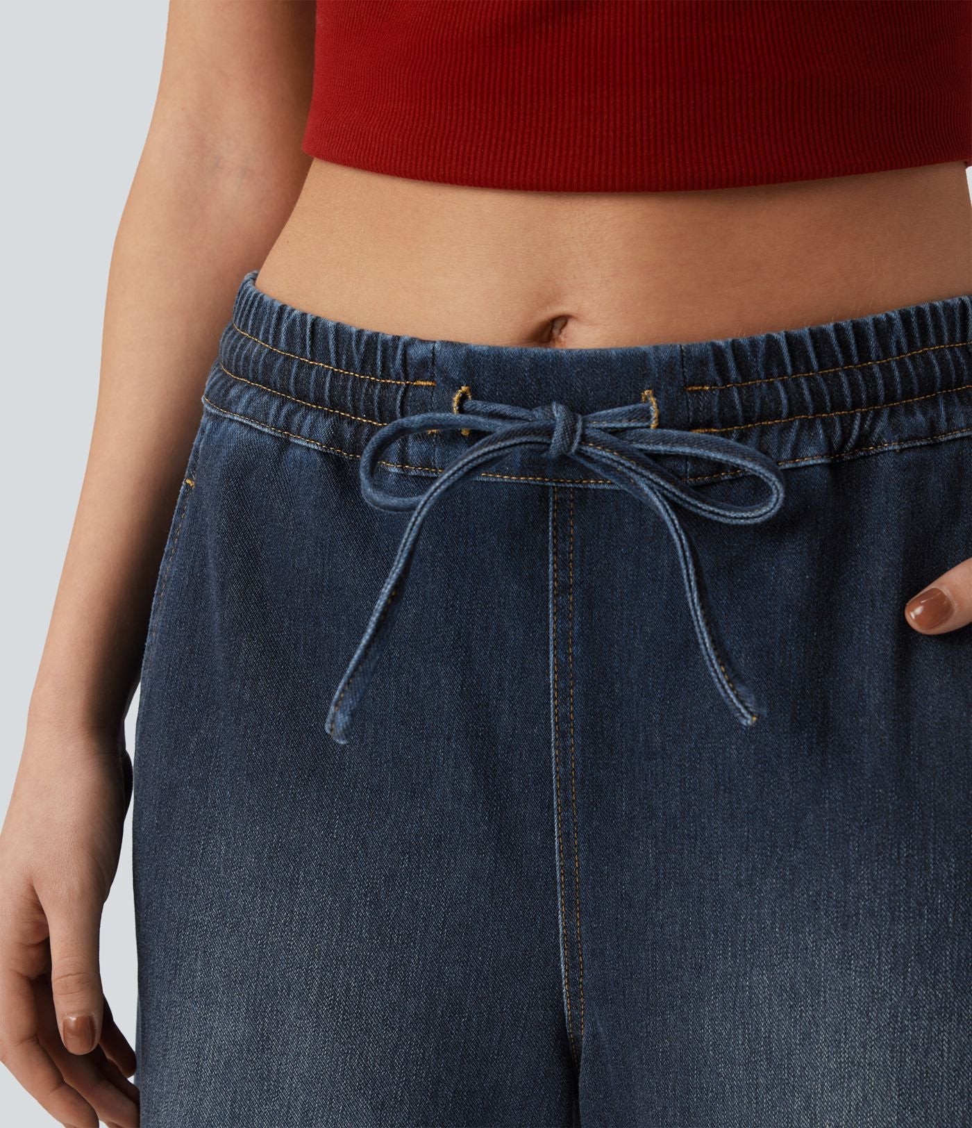 Jean jogging barrel Halara Flex™ molleton français délavé jambe ballon taille mi-haute avec cordon de serrage et poches