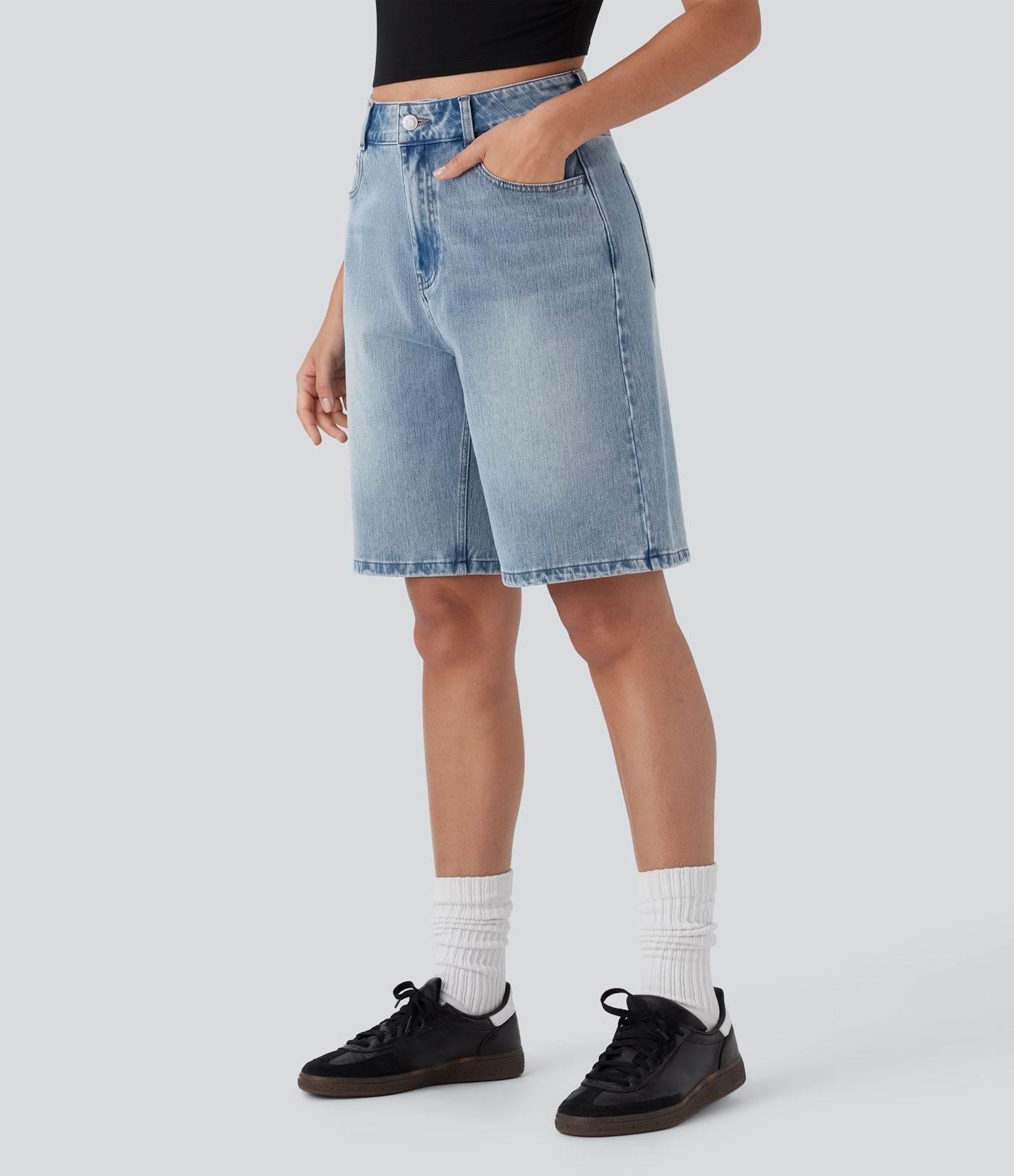 Bermuda en jean délavé Halara Flex™ taille haute à poches multiples