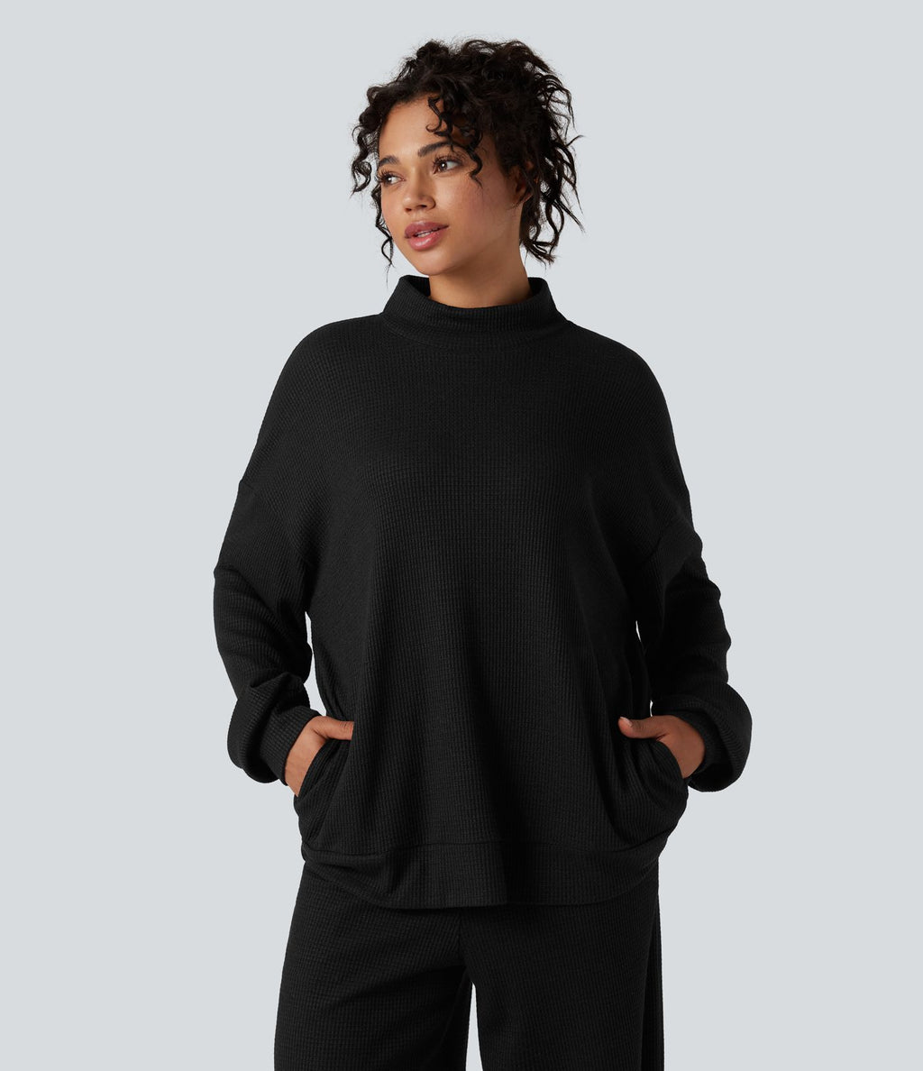 Sweat-shirt gaufré col montant manches longues coupe décontractée avec poches