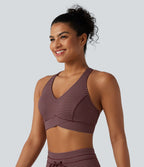 Brassière de sport col V dos nageur maintien moyen à rayures