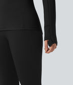 Top de sport randonnée polaire col montant demi-zip manches longues avec trous pouces