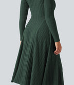 Robe mi-longue évasée maille côtelée à décolleté en V et manches longues