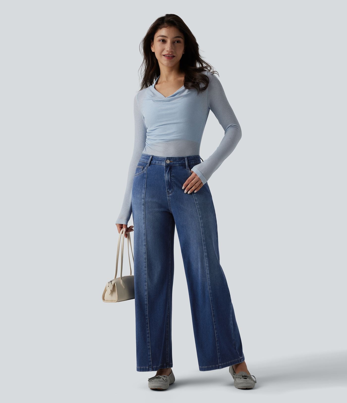 Halara Flex™ Jean droit casual taille mi-haute en lyocell drapé, avec poches