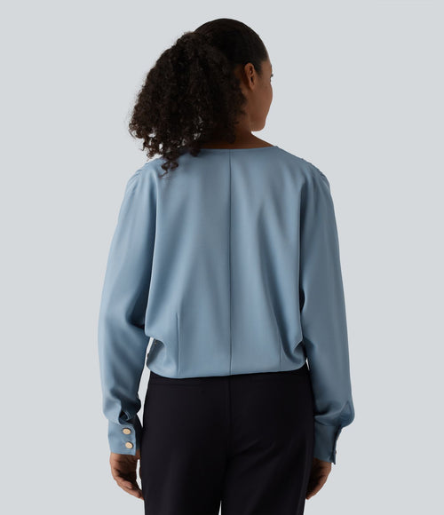 Blouse esprit bureau défroissage facile, col V, manches longues et boutons décoratifs