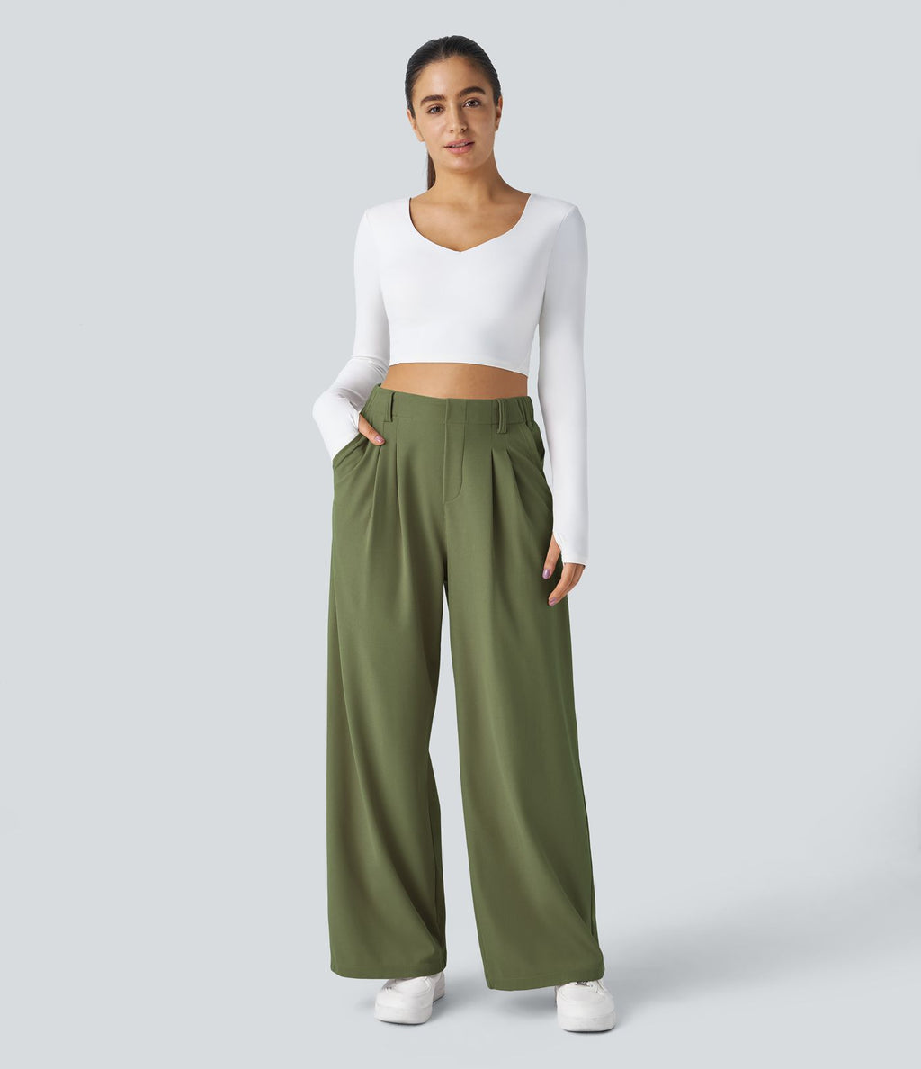 Halara Flex™ Pantalon Tailleur Large Fluide Gaufré Taille Haute Poches Latérales