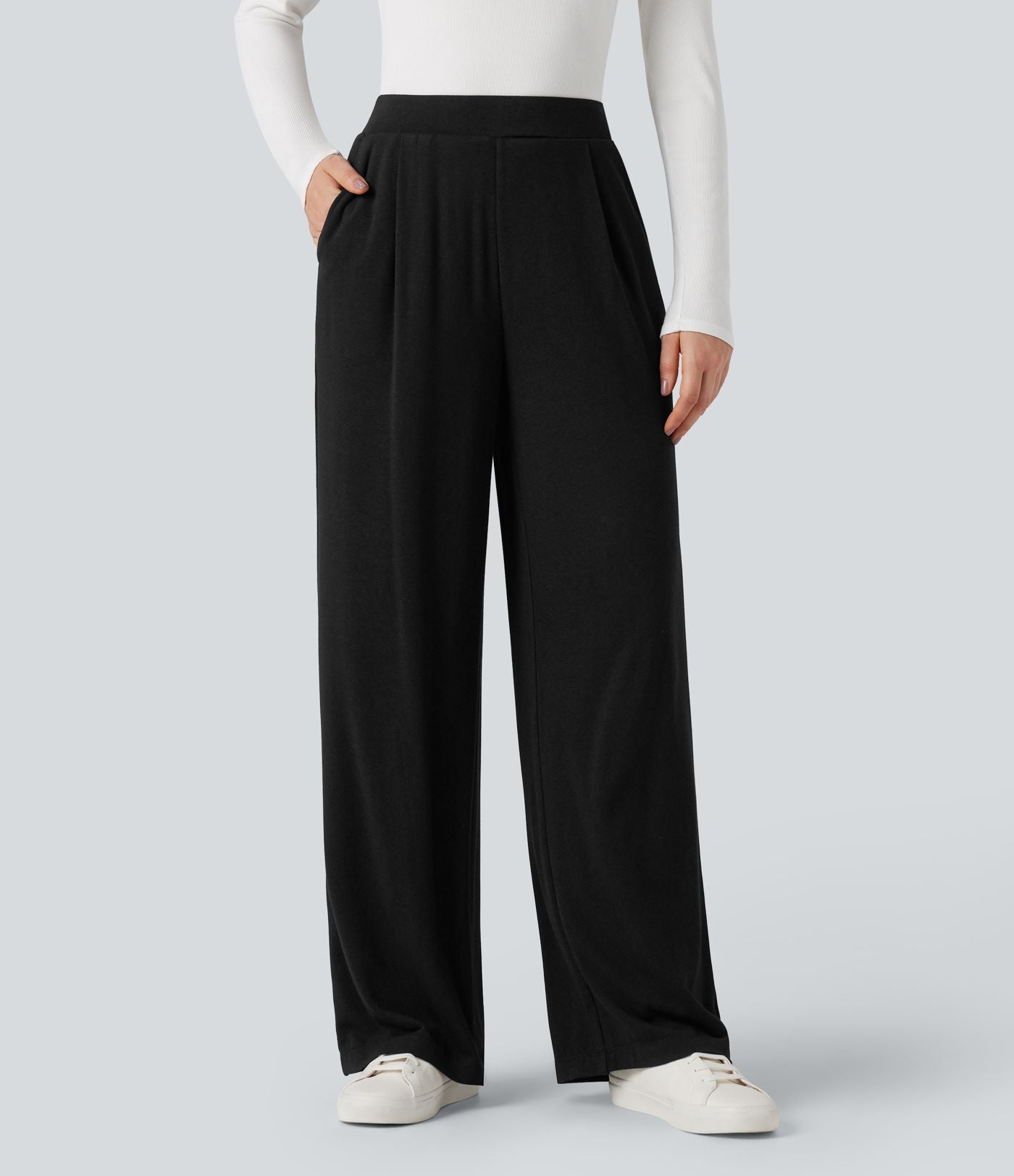 Pantalon taille haute large thermique confortable avec poches
