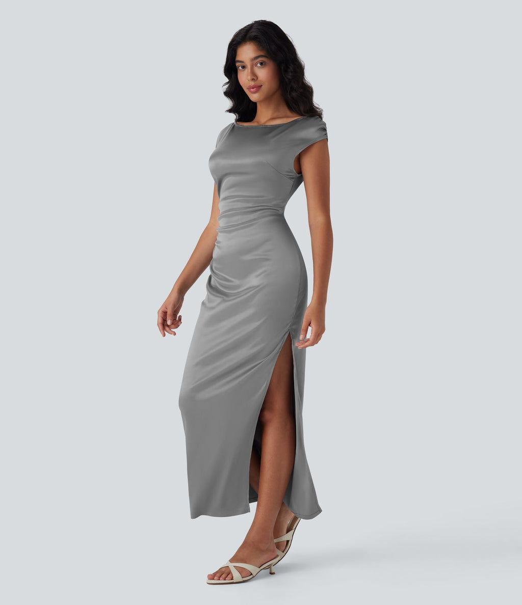 Robe de soirée longue en satin avec encolure bateau, manches cap, fermeture éclair invisible, fronces et fente