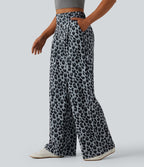 Pantalon large décontracté taille haute imprimé léopard en tissu gaufré avec poches