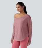 Top de sport yoga une épaule séchage rapide ourlet arrondi asymétrique manches longues avec trous pouces - Brassière intégrée