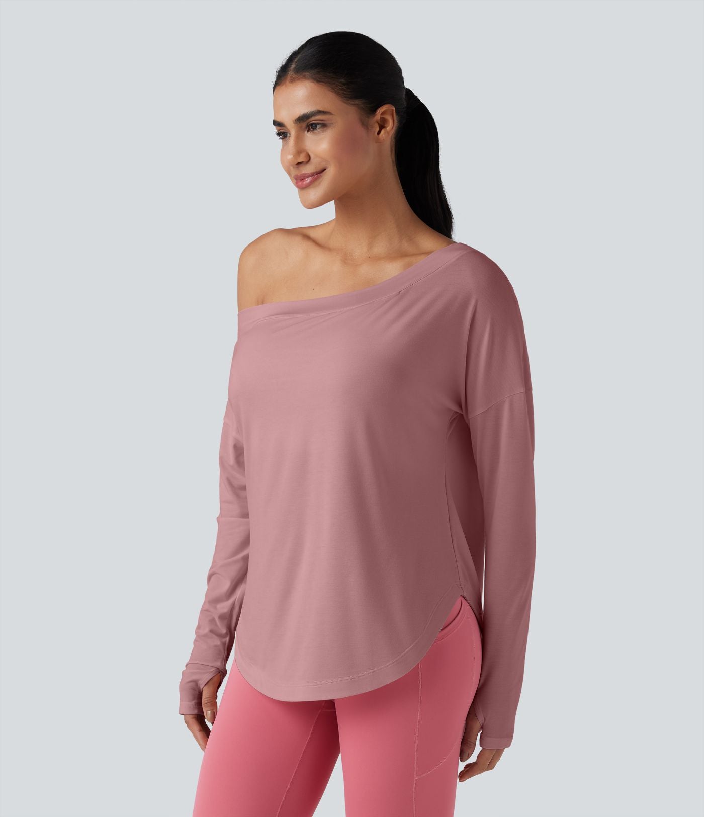 Top de sport yoga une épaule séchage rapide ourlet arrondi asymétrique manches longues avec trous pouces - Brassière intégrée