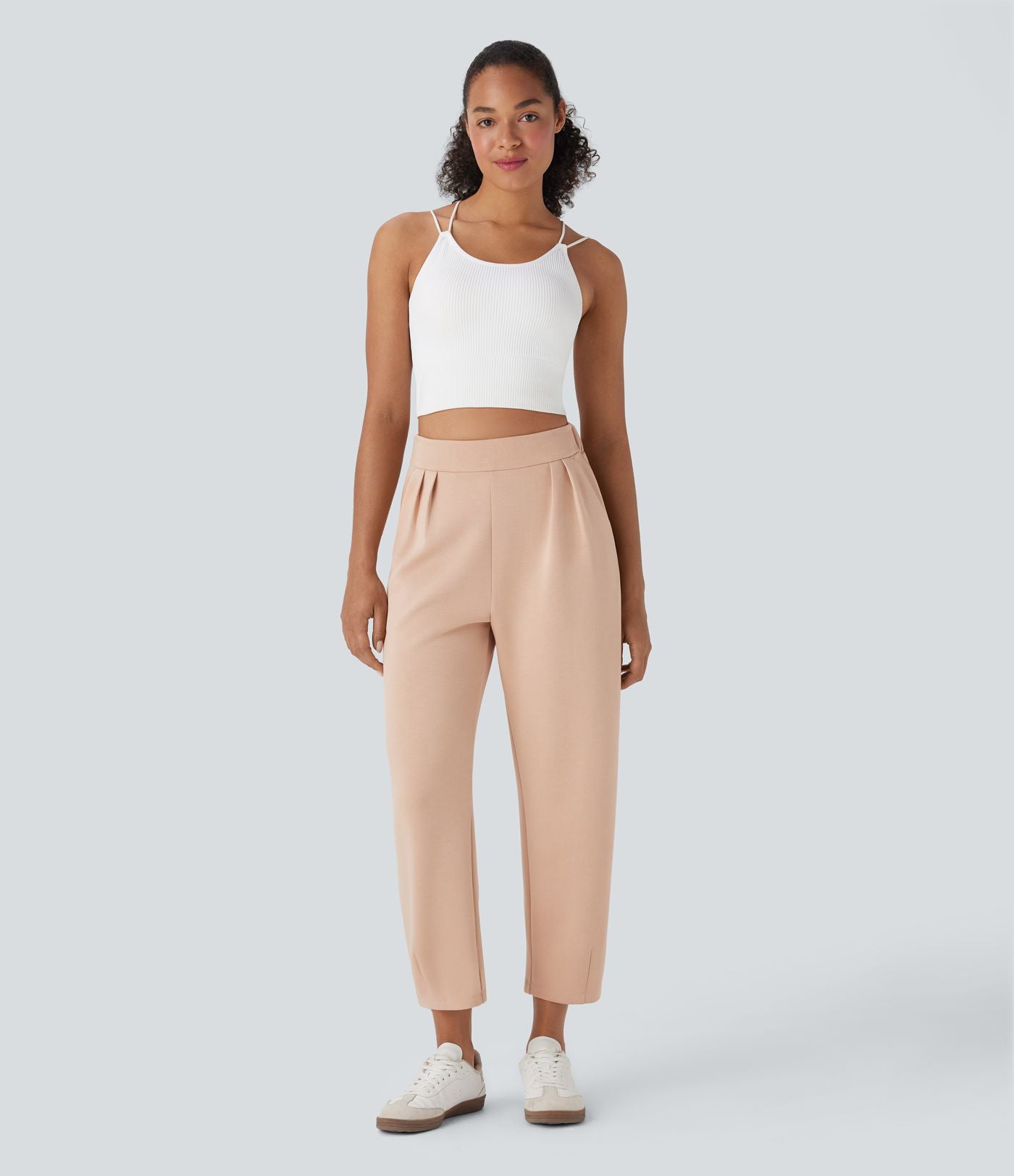 Pantalon décontracté taille haute coupe tonneau avec poches