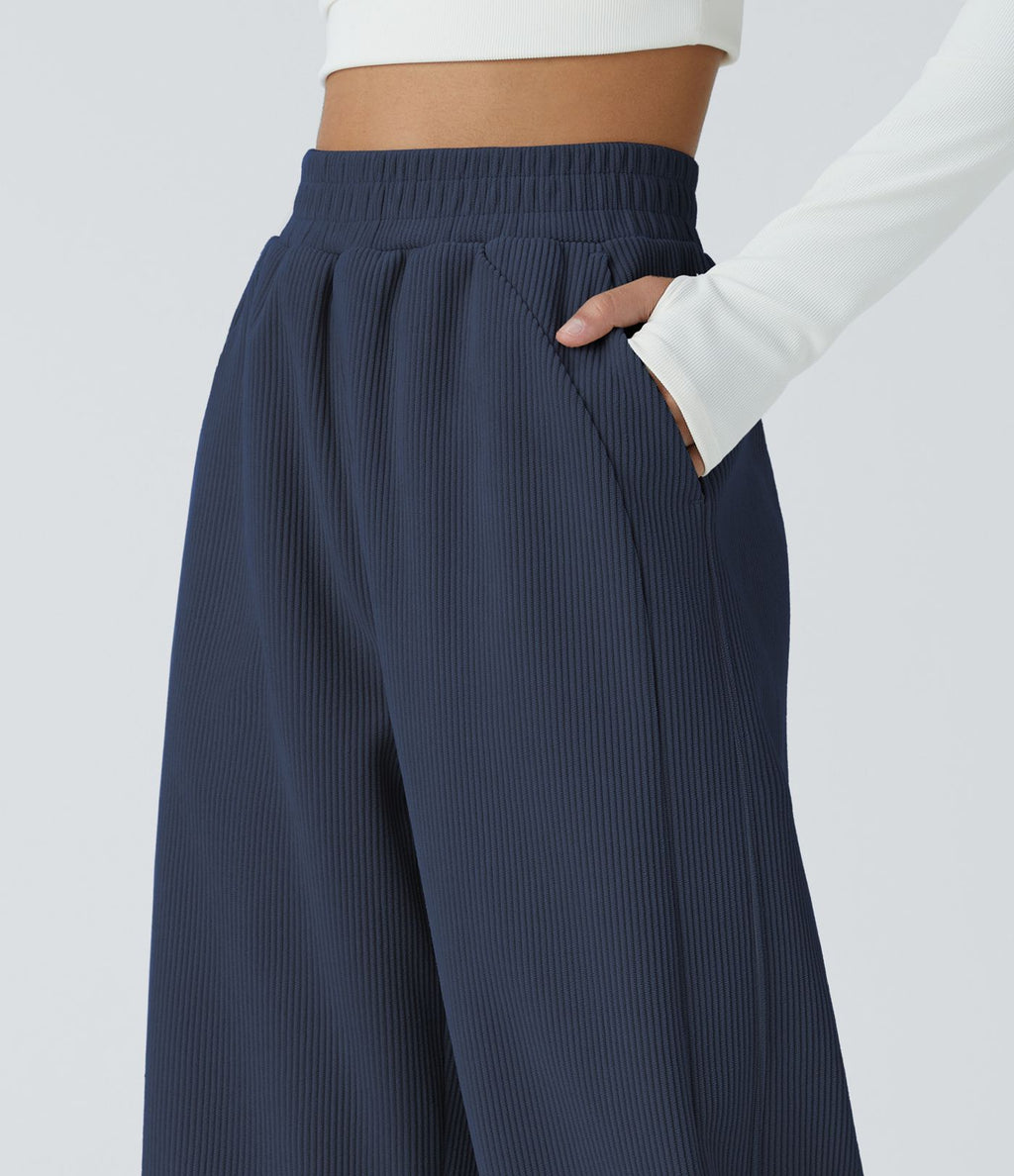 Pantalon velours côtelé de jogging décontracté à taille haute avec poches latérales