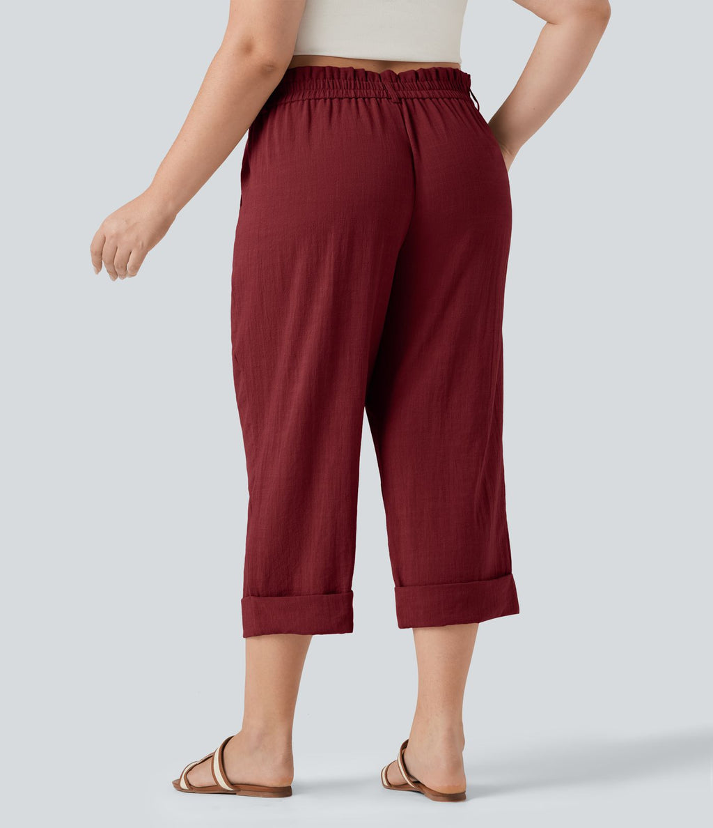 Pantalon de villégiature capri effet lin, grande taille, taille haute, avec poches
