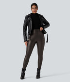 Pantalon polaire simili cuir extensible taille haute avec poches