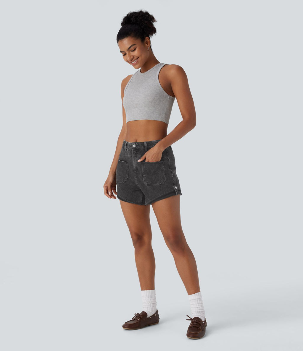 Short décontracté en jean extensible délavé Halara Flex™ taille moyenne avec revers et poches avant