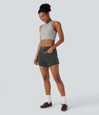Short décontracté en jean extensible délavé Halara Flex™ taille moyenne avec revers et poches avant