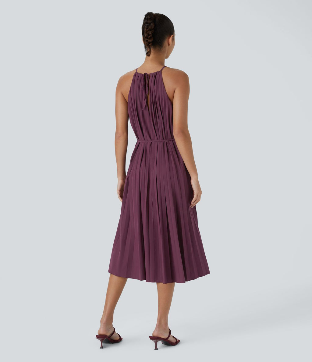 Breezeful™ Robe Décontractée Midi sans Manches Dos Nu avec Nœud à l'Arrière Plissée Ceinturée à Séchage Rapide
