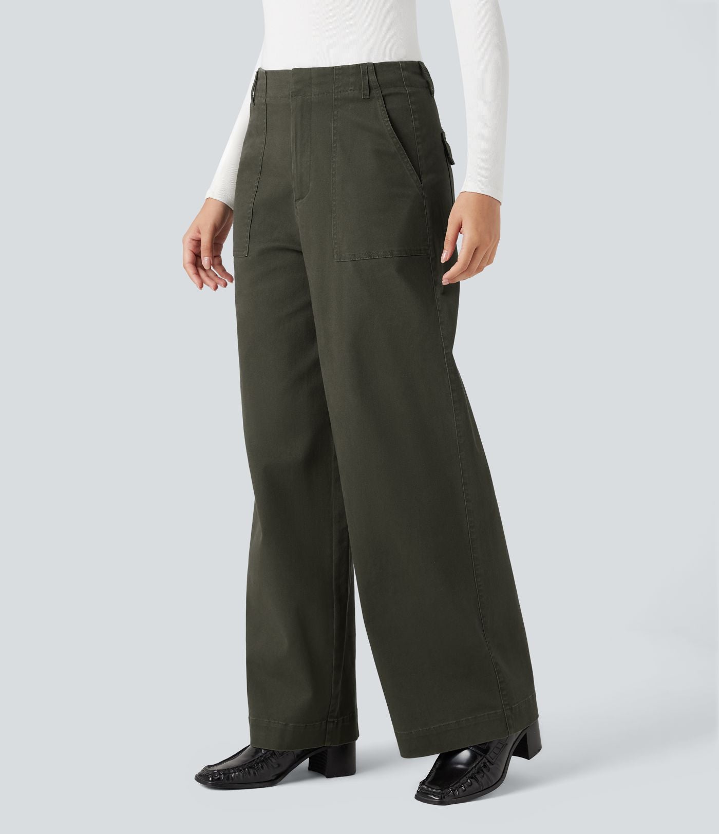 Pantalon chino coton jambes larges taille mi-haute avec poches