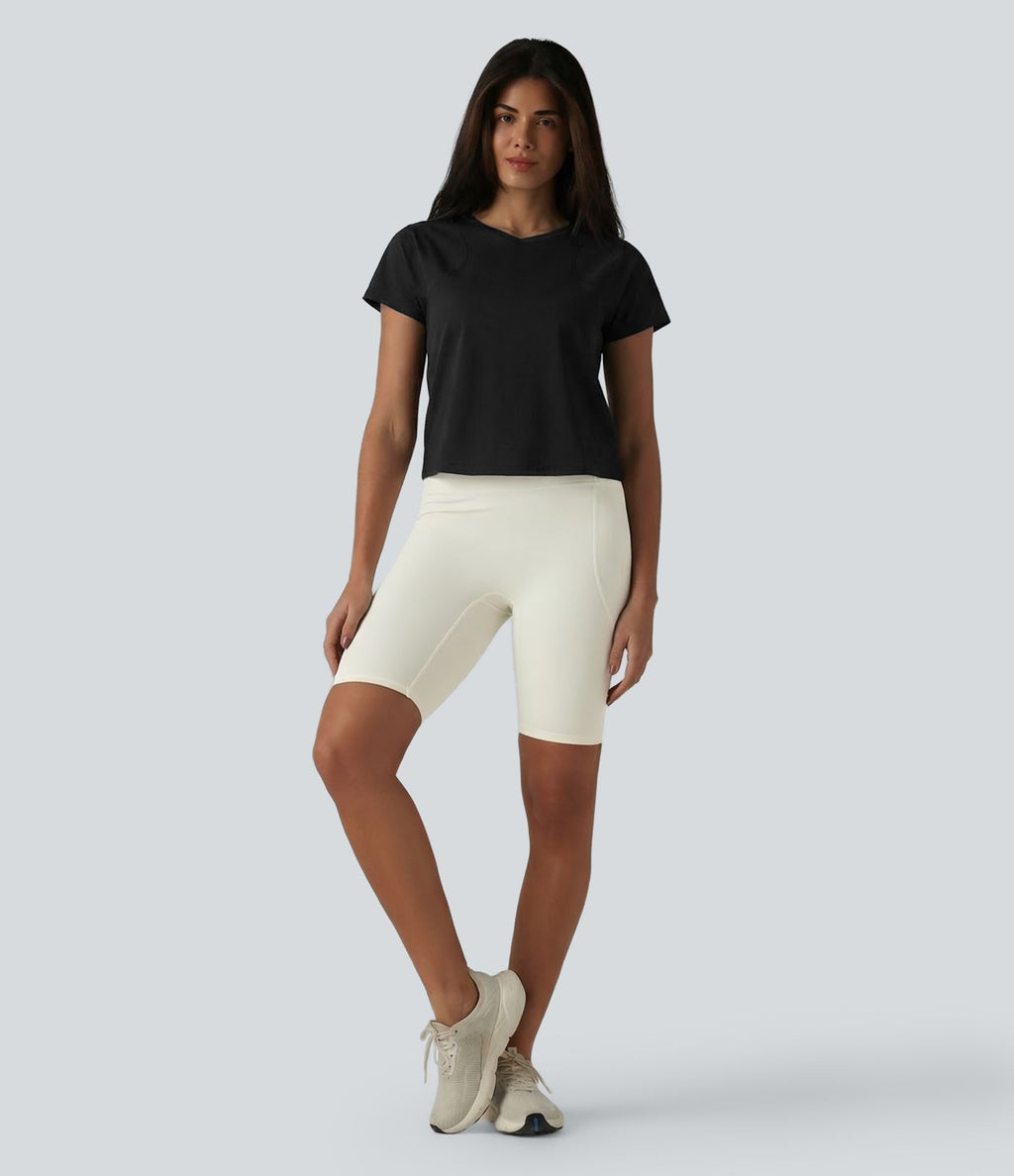 Haut de sport décontracté en coton à manches courtes et col raglan, style yoga, coupe ample, col en V