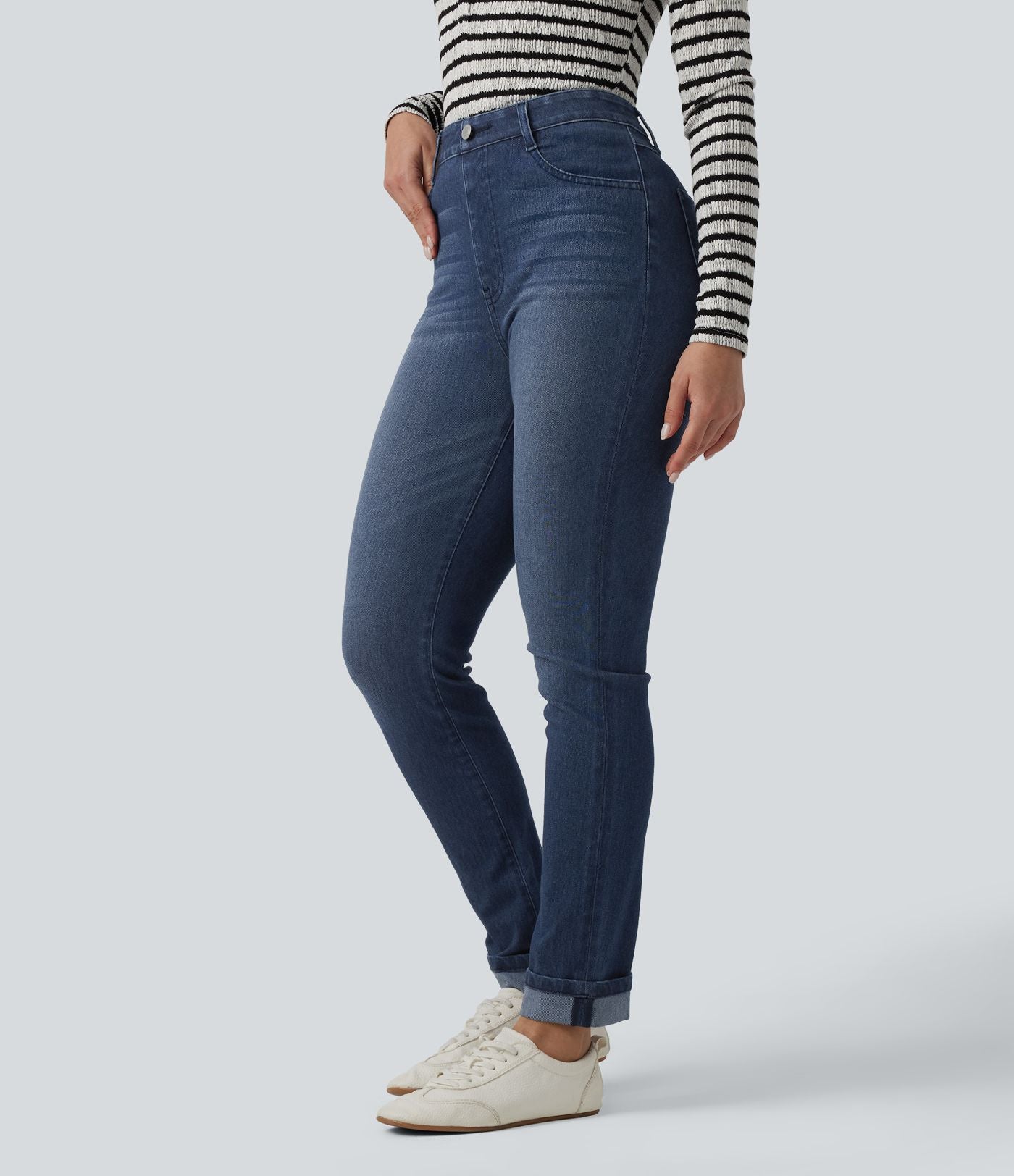Halara Flex™ Jean slim casual taille haute à ourlet retroussé avec poches