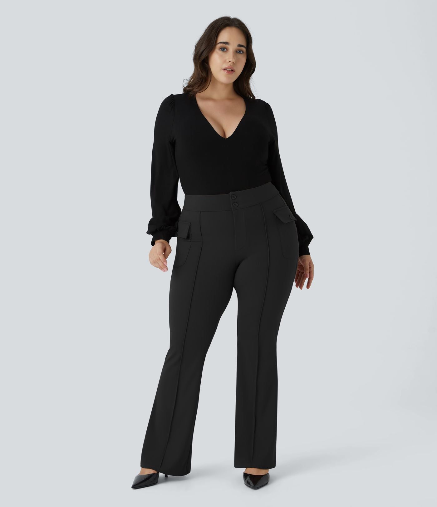 Pantalon cargo évasé taille haute grande taille avec poches à rabat latérales
