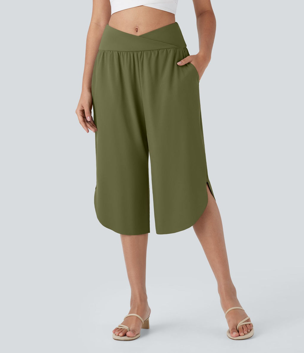 Pantalon capri de vacances Breezeful™ taille haute croisée avec poches latérales, fente et séchage rapide