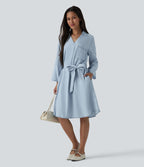 Robe courte casual denim en lyocell col V manches longues avec nœud devant et poches