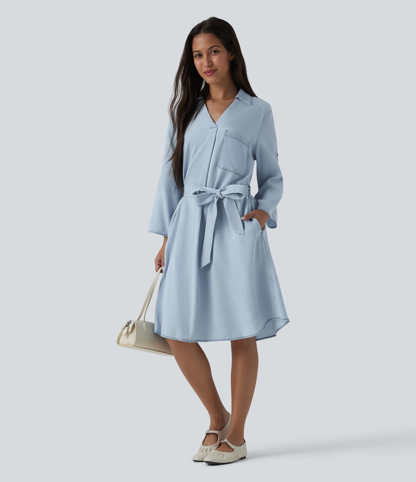 Robe courte casual denim en lyocell col V manches longues avec nœud devant et poches