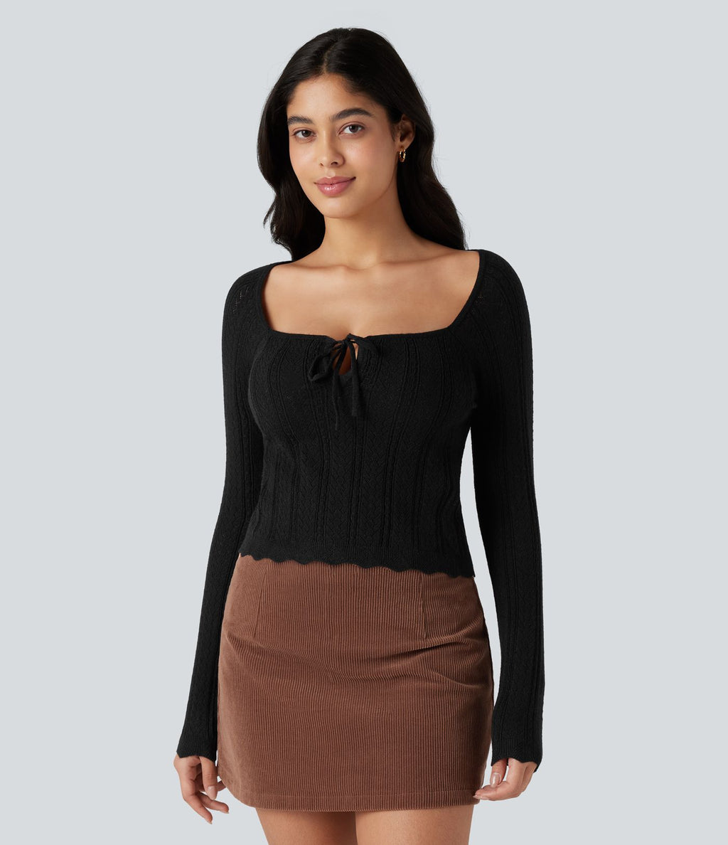 Pull ajouré col carré manches raglan ourlet festonné