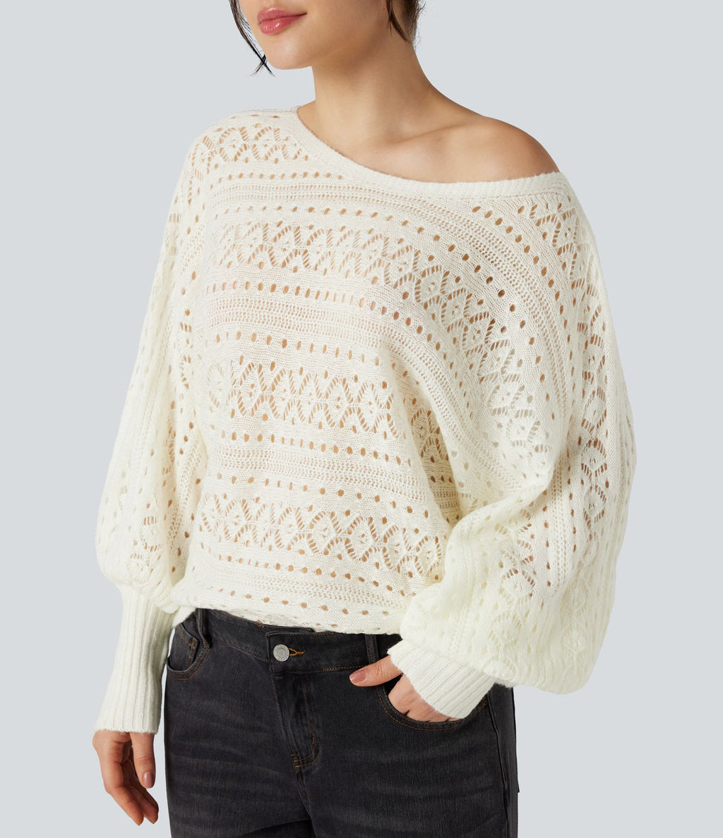Pull ajouré col rond manches chauve-souris longues