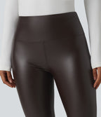 Legging corsaire casual ventre plat taille haute extensible en simili cuir avec poches