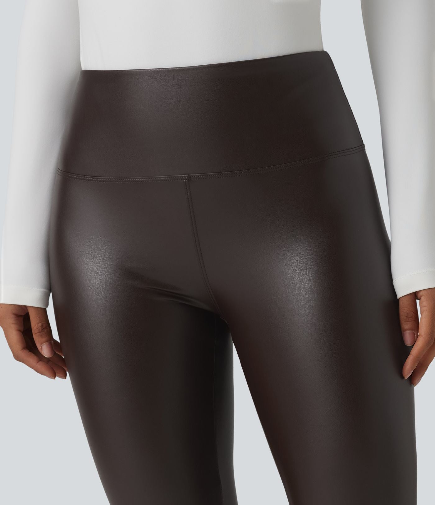 Legging corsaire casual ventre plat taille haute extensible en simili cuir avec poches
