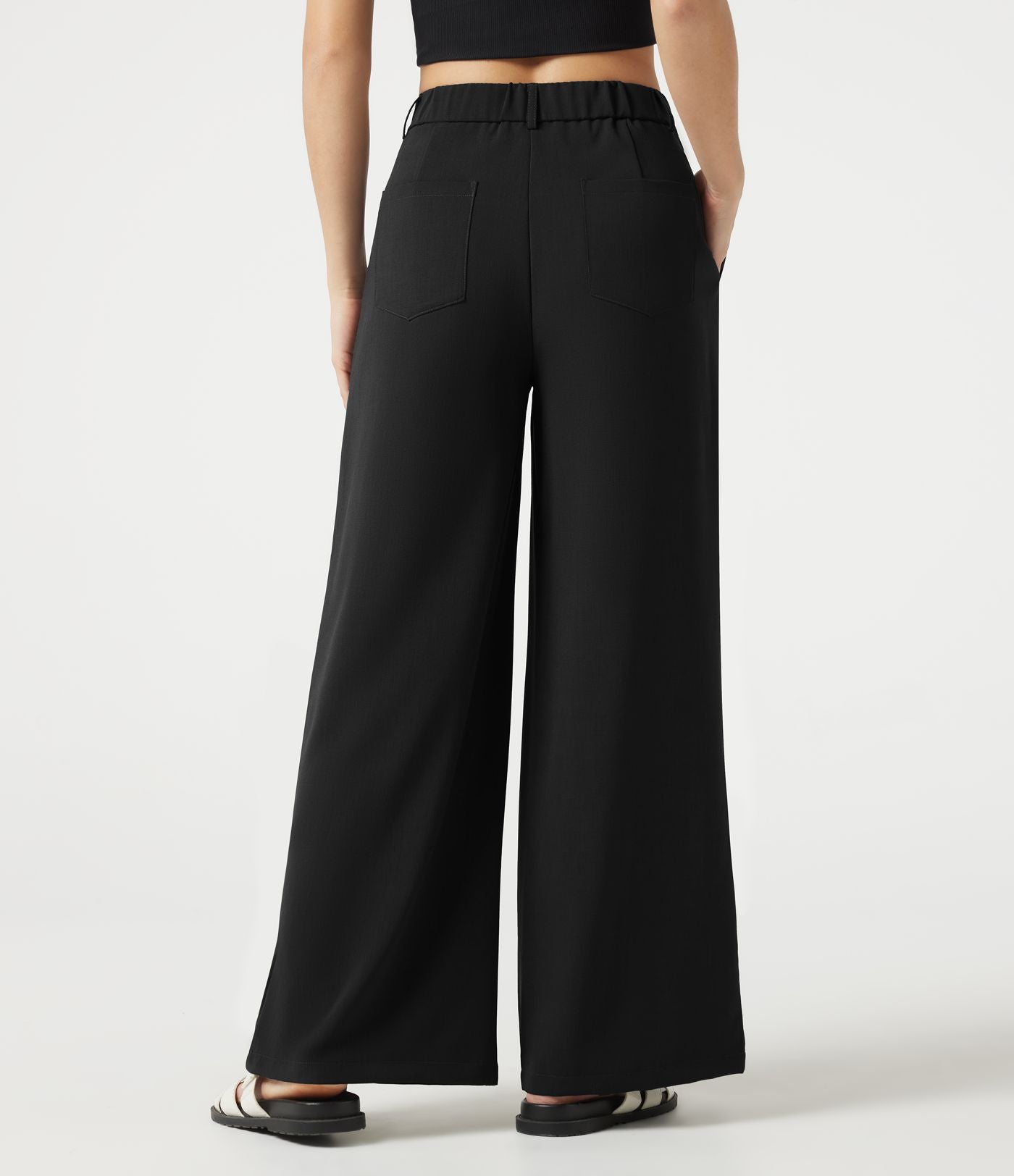 Pantalon casual ample toucher lin taille mi-haute à poches