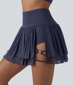 Jupe de danse mini 2-en-1 en mesh respirant à volants et ourlet asymétrique taille haute avec poches