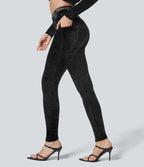 Legging de 7/8 Casual En Velours Avec Poche Latérale Croisée Taille Haute