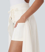 Jupe Casual Évasée Mesh Mi-Longue Fuide 2 en 1 Contrastée Taille Haute Cordon Poche Latérale