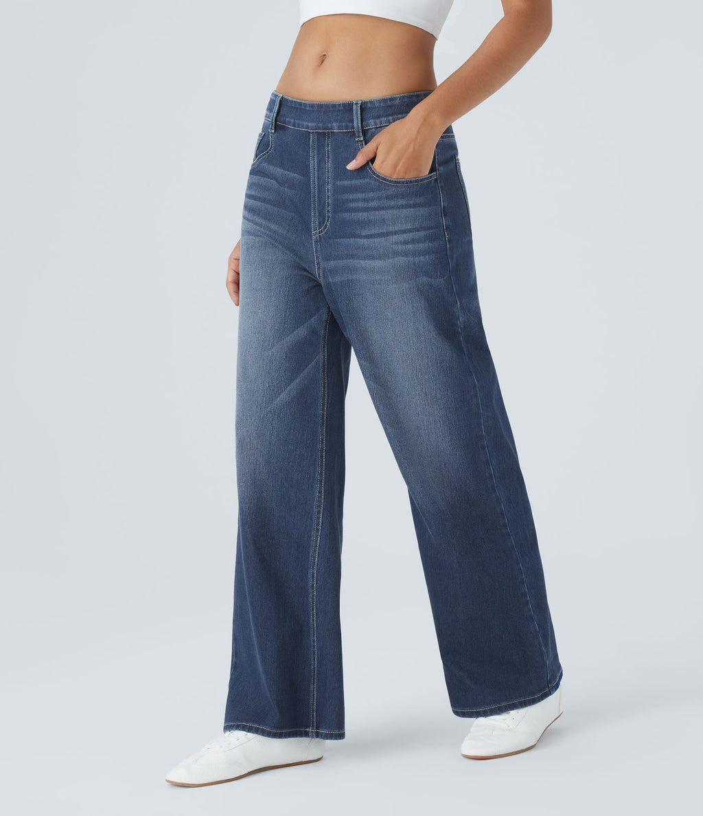Jean Casual Halara Flex™ Taille Mi-Haute à Jambes Larges Tricot Extensible Lavé avec Poches Multiples